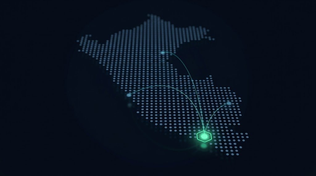 Mapa de puntos del Perú con Arequipa iluminada y conectada a otras ciudades